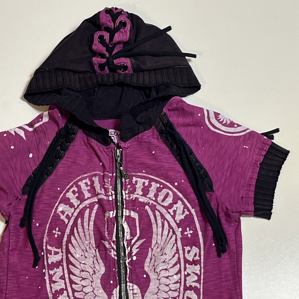 Affliction Short Sleeve Long Hoodie M Thrashed Full Zip Live Fast Die Pretty Top